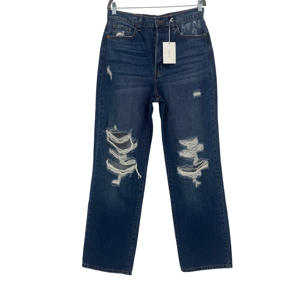 Cello Women's Super High Rise Dad Jeans Distressed Dark Wash Button Fly Size 11